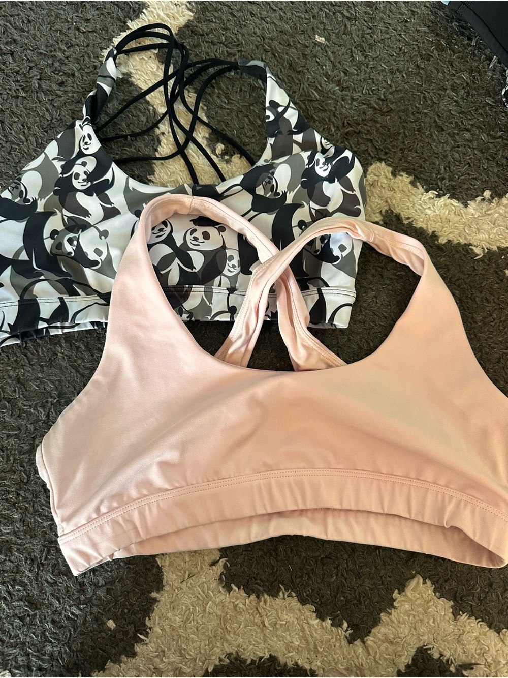 Light Pink Racerback Sports Bra + Black & White Panda Print Bra